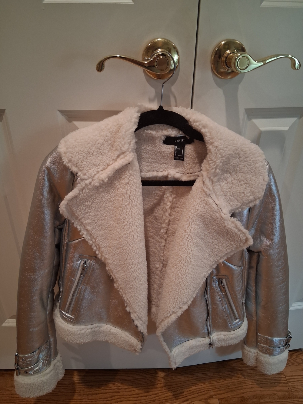 Silver Metallic Sherpa-Lined Moto Jacket - White Sherpa